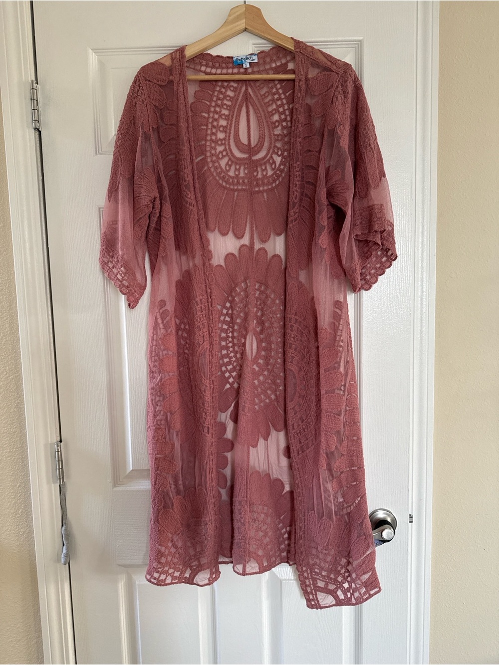 Rebellion Dusty Rose Crochet Lace Kimono Cover-Up